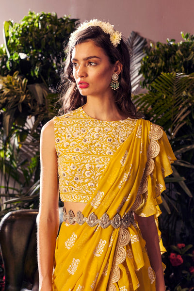 Yellow Printed Layered Sari Set With Embroidered Belt - BHUMIKA SHARMA