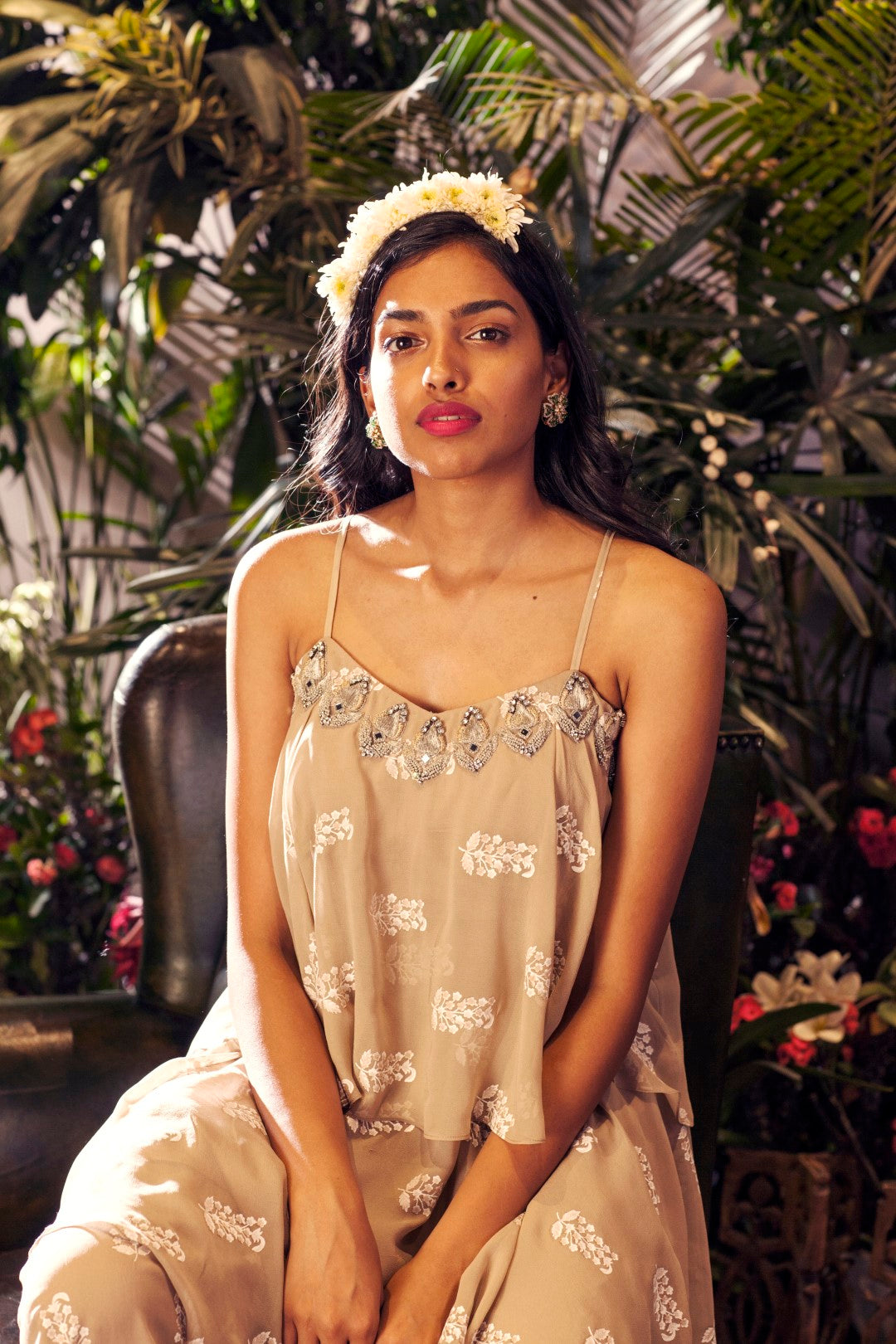 Light Beige Double Layered Printed Top with Palazzo - BHUMIKA SHARMA
