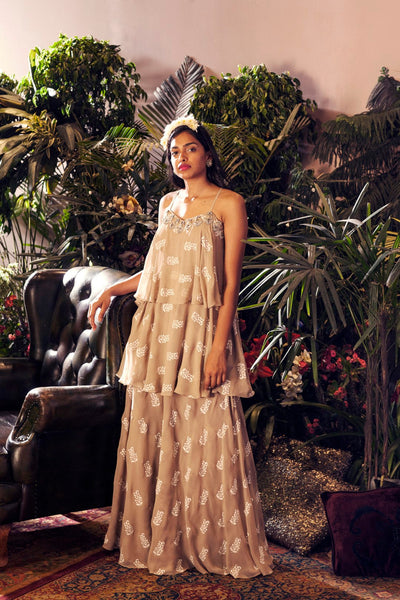 Light Beige Double Layered Printed Top with Palazzo - BHUMIKA SHARMA