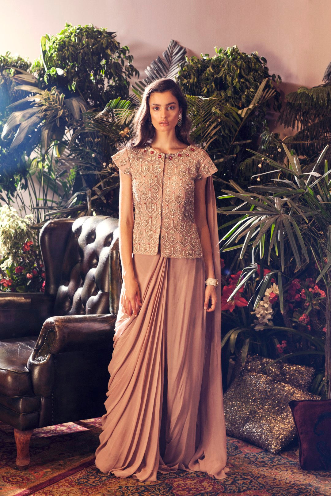Nude Embroidered Jacket Blouse with Draped Saree - BHUMIKA SHARMA