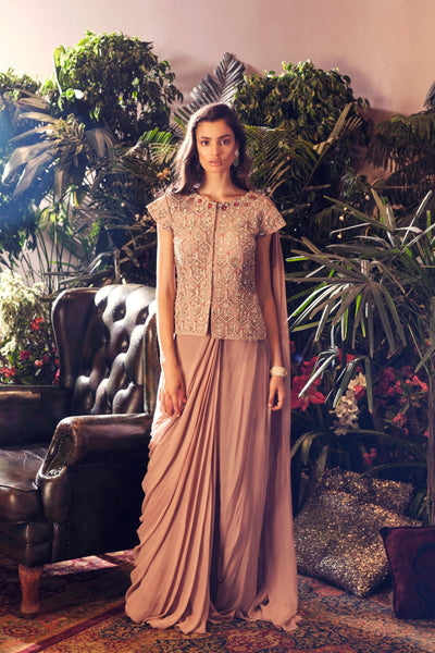 Nude Embroidered Jacket Blouse with Draped Saree - BHUMIKA SHARMA