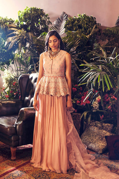 Nude Embroidered Peplum Top with Skirt - BHUMIKA SHARMA