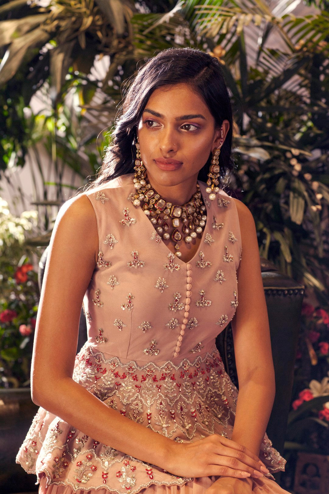 Nude Embroidered Peplum Top with Skirt - BHUMIKA SHARMA
