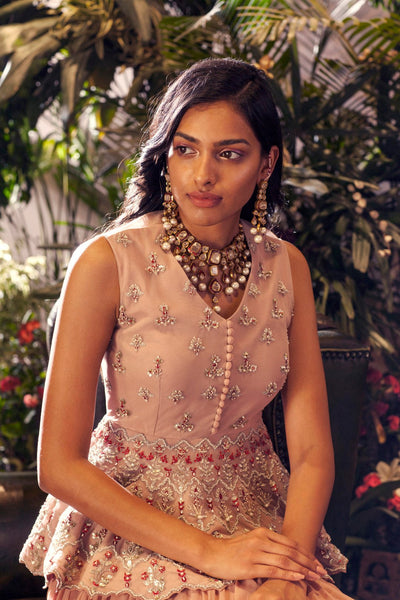 Nude Embroidered Peplum Top with Skirt - BHUMIKA SHARMA