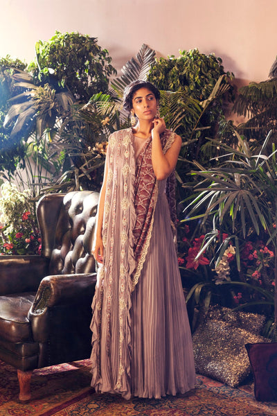 Lilac Double Drape Embroidered Gown - BHUMIKA SHARMA