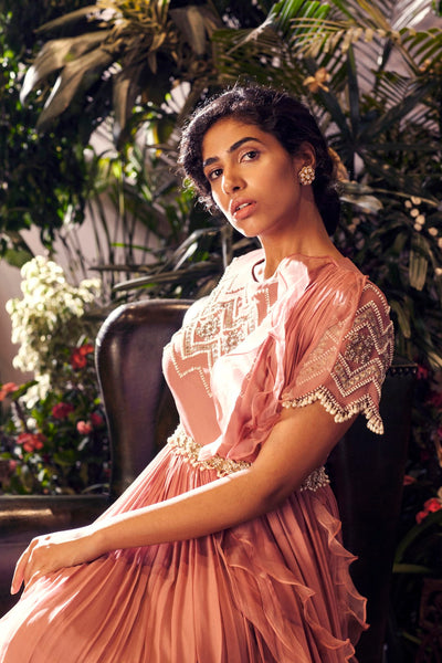 Pink Geometric Embroidered Gown with Embellished Belt - BHUMIKA SHARMA