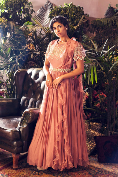 Pink Geometric Embroidered Gown with Embellished Belt - BHUMIKA SHARMA