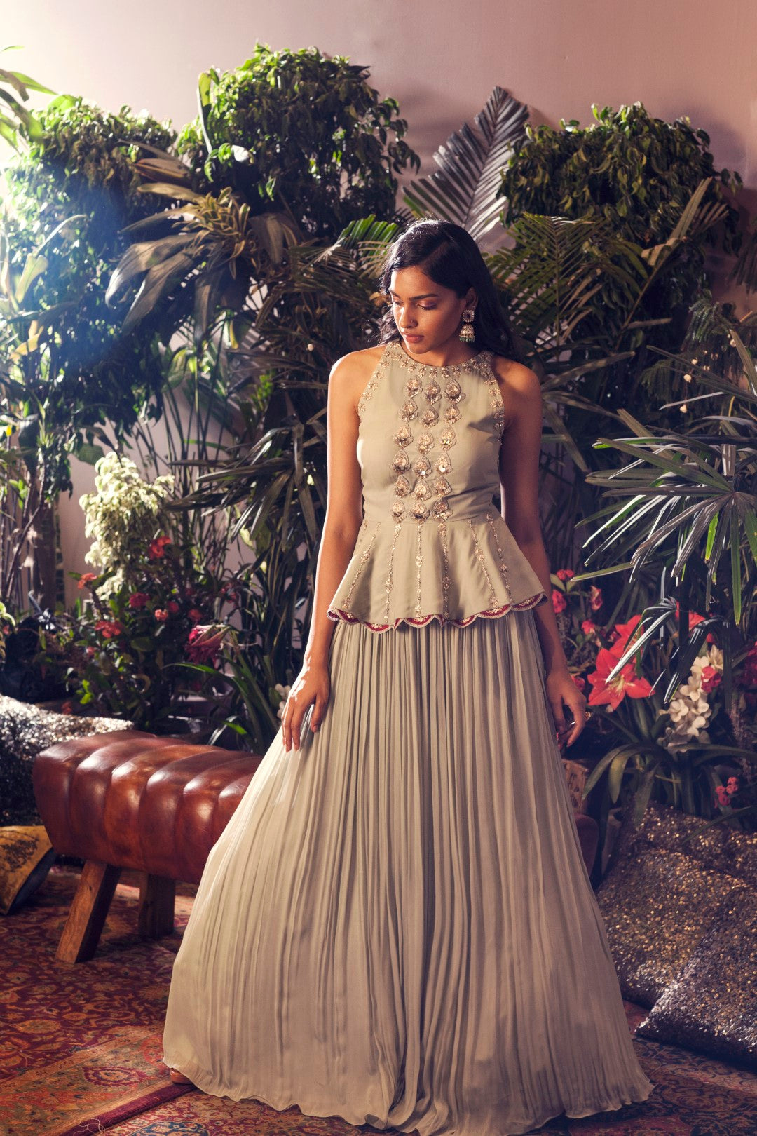 Sage Green Embroidered Peplum Top with Skirt - BHUMIKA SHARMA