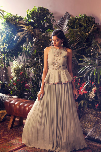Sage Green Embroidered Peplum Top with Skirt - BHUMIKA SHARMA