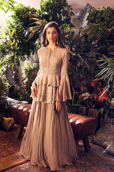 Grey Double Peplum Embellished Anarkali Gown - BHUMIKA SHARMA