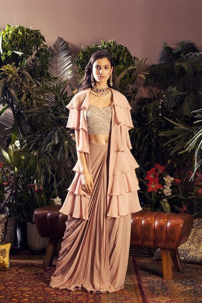 Nude Embroidered Blouse with Draped Skirt & Layered Cape