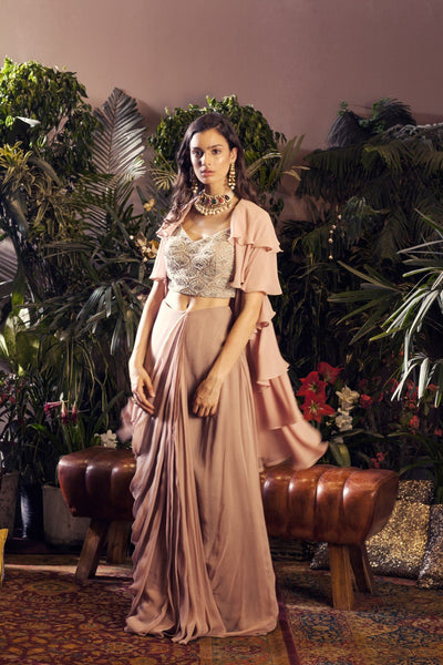Nude Embroidered Blouse with Draped Skirt & Layered Cape