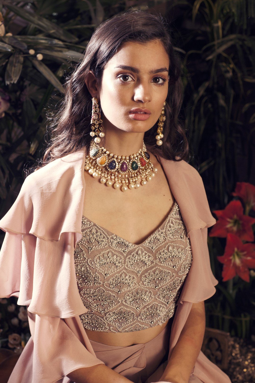 Nude Embroidered Blouse with Draped Skirt & Layered Cape
