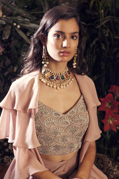 Nude Embroidered Blouse with Draped Skirt & Layered Cape