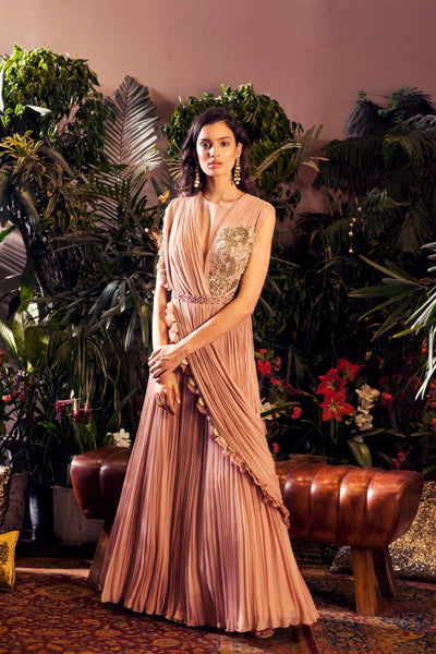 Nude Pink Embroidered Gown with Embellished Belt - BHUMIKA SHARMA