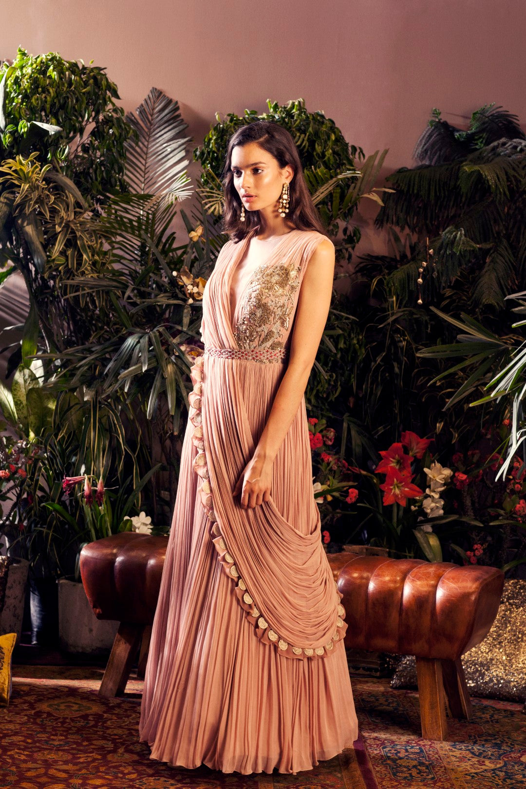 Nude Pink Embroidered Gown with Embellished Belt - BHUMIKA SHARMA