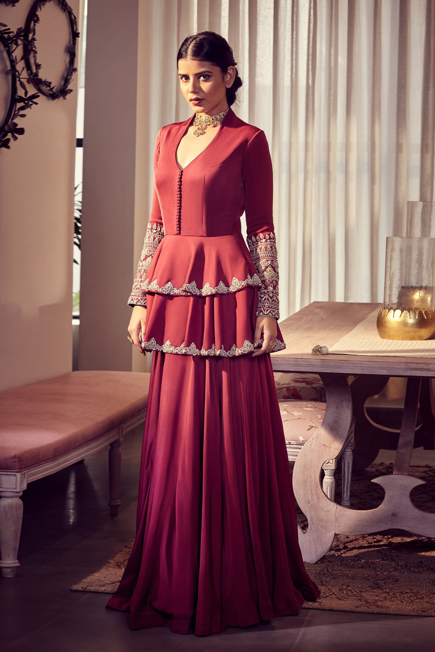 Burgundy Double Peplum Embroidered Anarkali