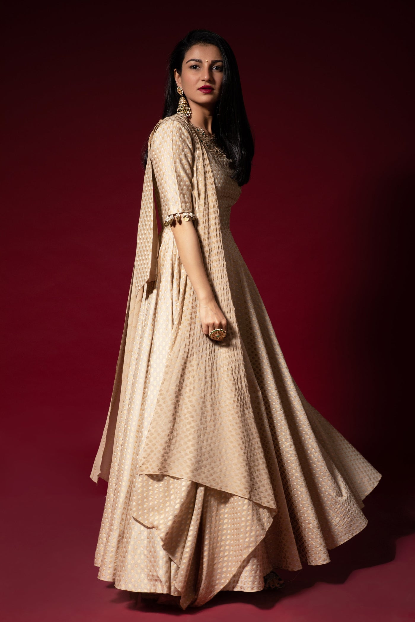 Ivory Bindu Print Chanderi Anarkali