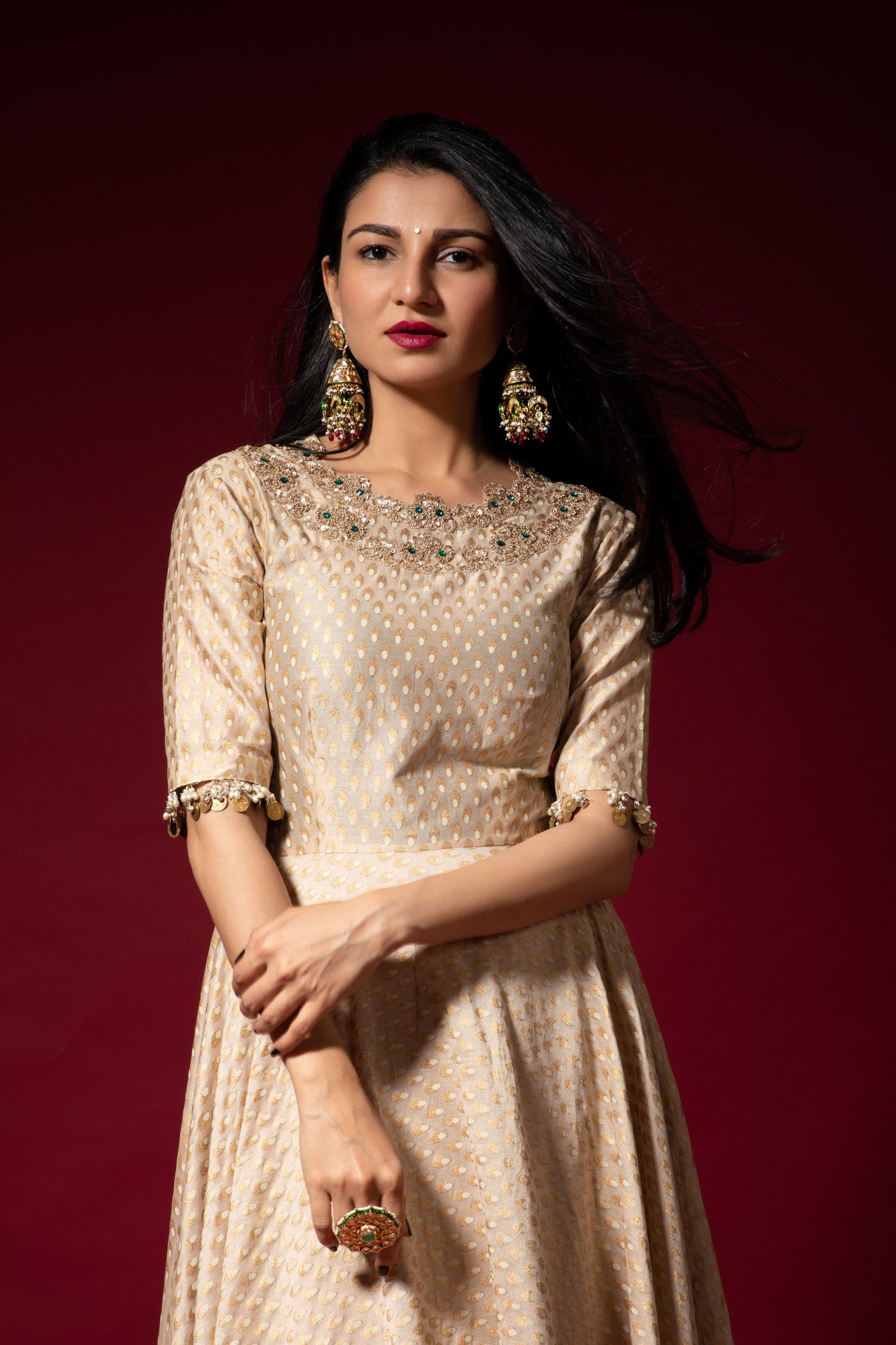 Ivory Bindu Print Chanderi Anarkali