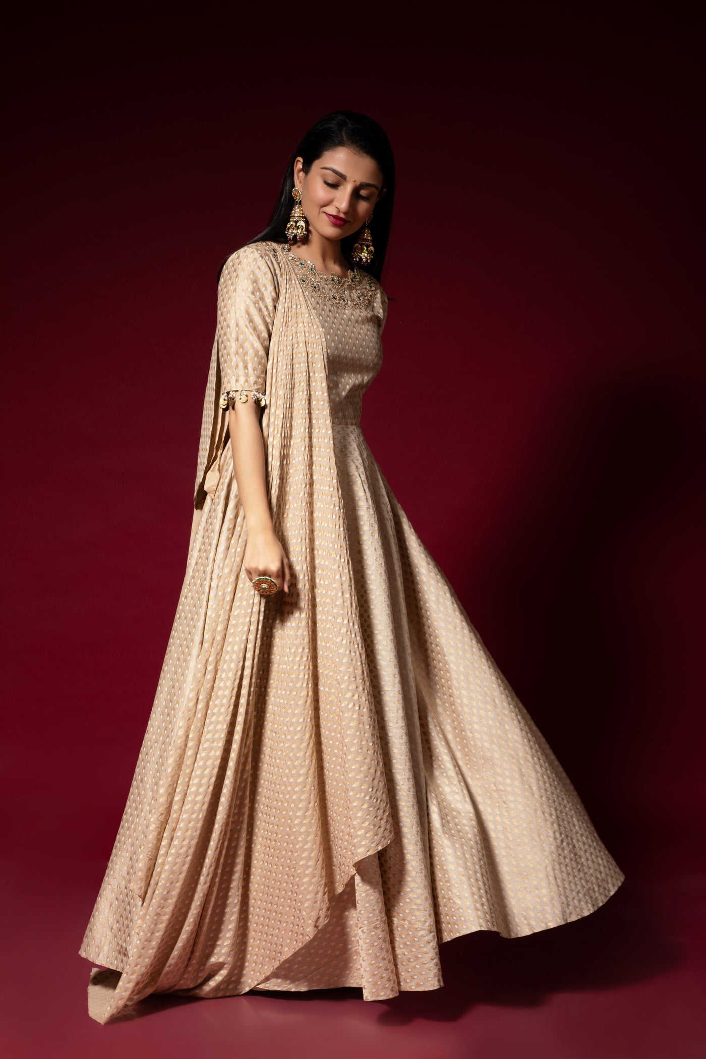 Ivory Bindu Print Chanderi Anarkali