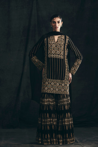 Black Kurta & Persian Print Sharara Set