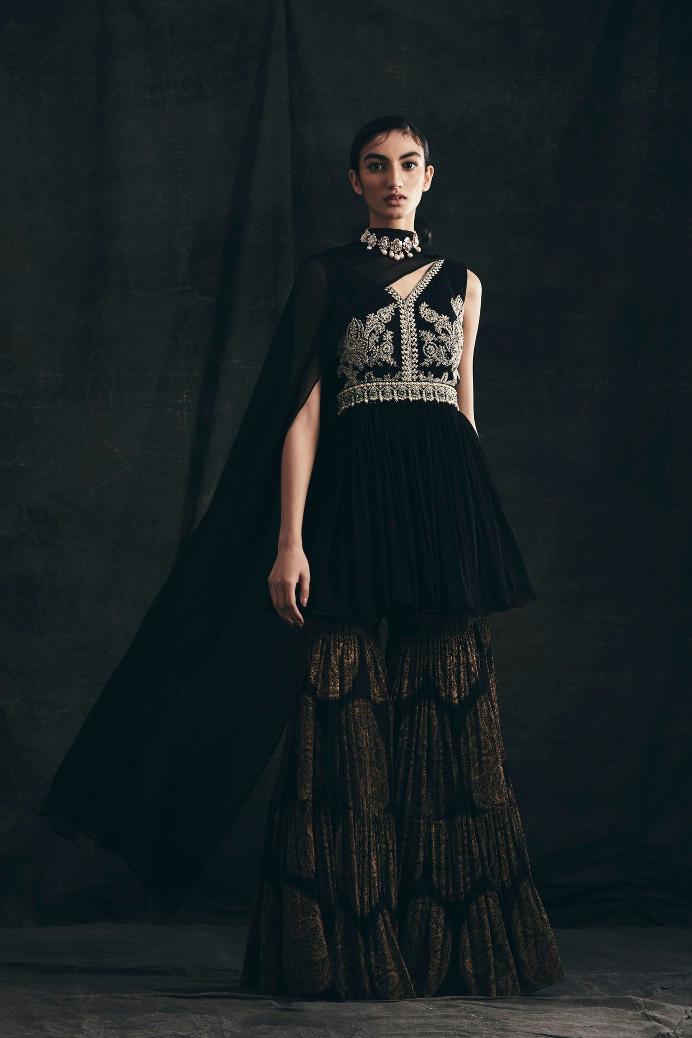 Black Embroidered Peplum & Sharara Set