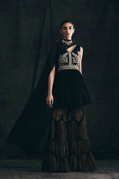 Black Embroidered Peplum & Sharara Set