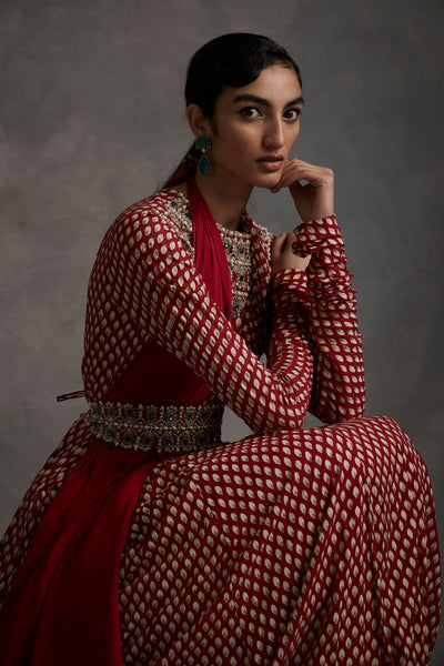 Red Bindu Print Belted Anarkali