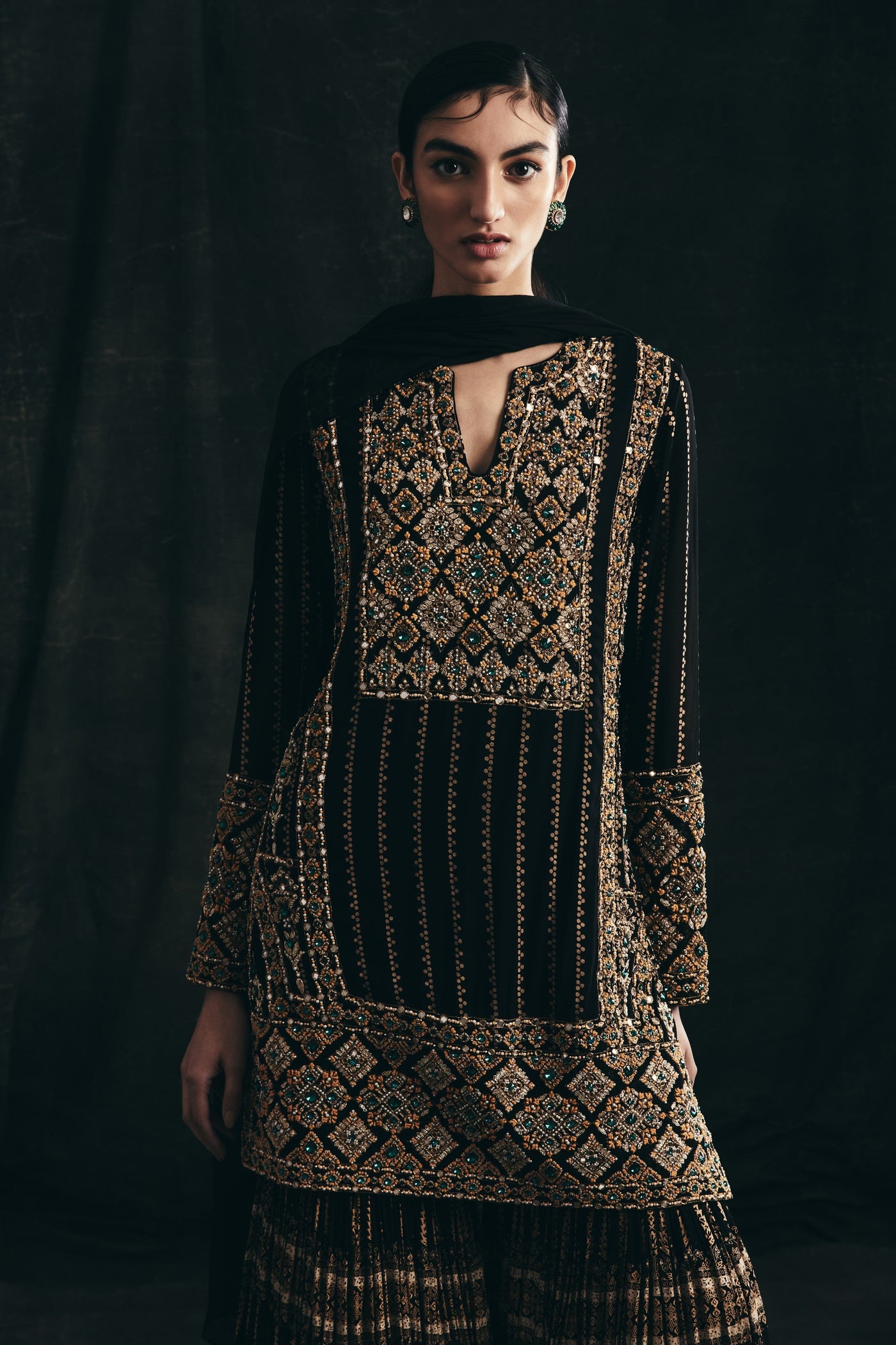Black Kurta & Persian Print Sharara Set