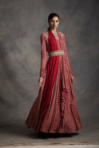 Red Bindu Print Belted Anarkali