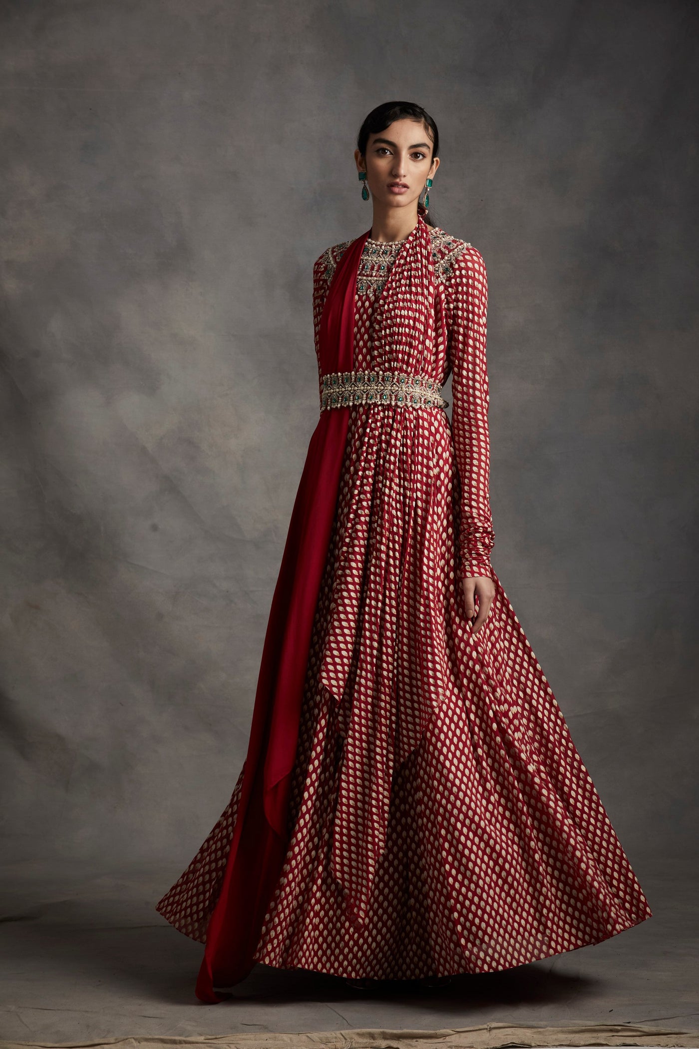 Red Bindu Print Belted Anarkali