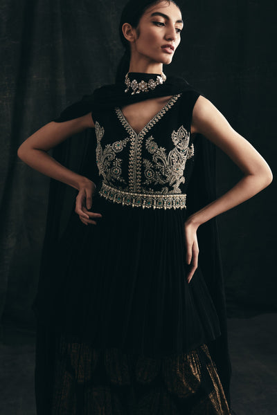 Black Embroidered Peplum & Sharara Set
