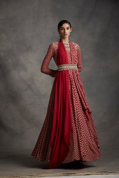Red Bindu Print Belted Anarkali