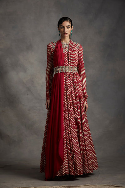 Red Bindu Print Belted Anarkali