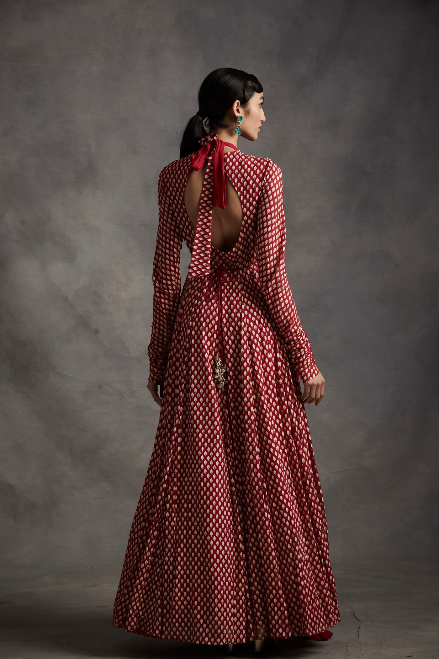 Red Bindu Print Belted Anarkali