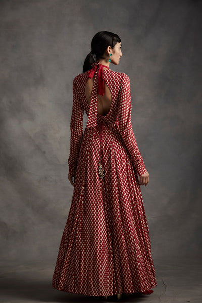 Red Bindu Print Belted Anarkali
