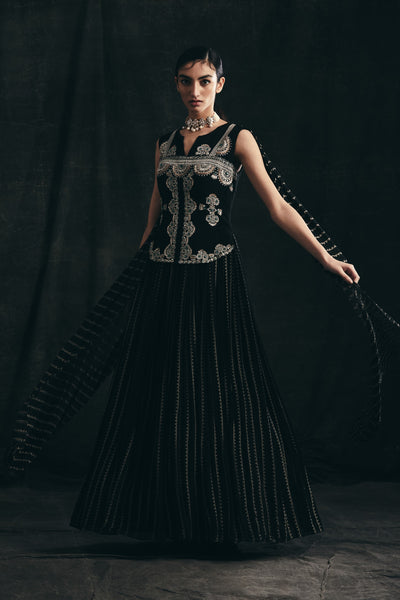 Black Nukta Print Embroidered Anarkali