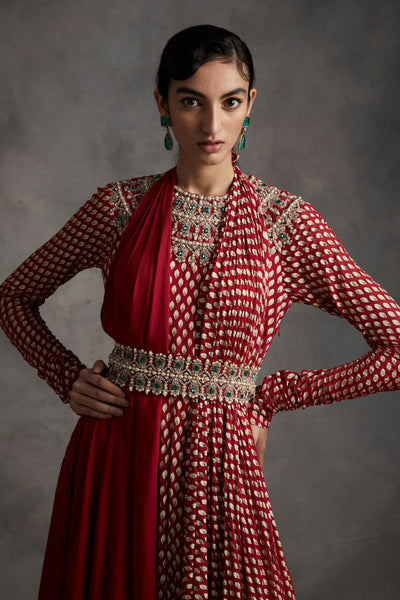Red Bindu Print Belted Anarkali