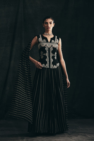Black Nukta Print Embroidered Anarkali