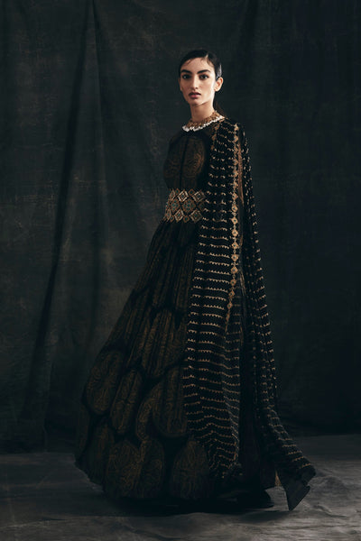 Black Ambi Circle Print Belted Anarkali