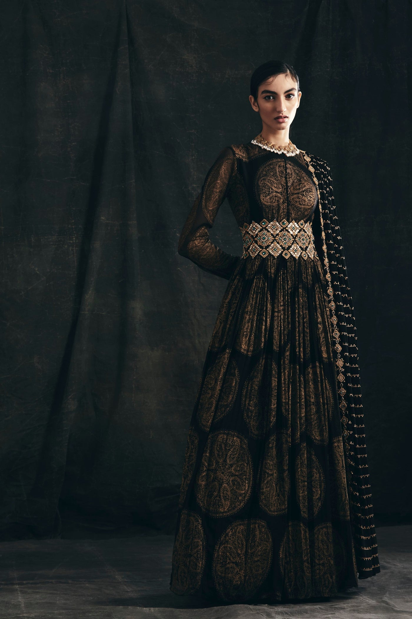 Black Ambi Circle Print Belted Anarkali