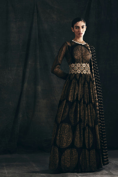 Black Ambi Circle Print Belted Anarkali