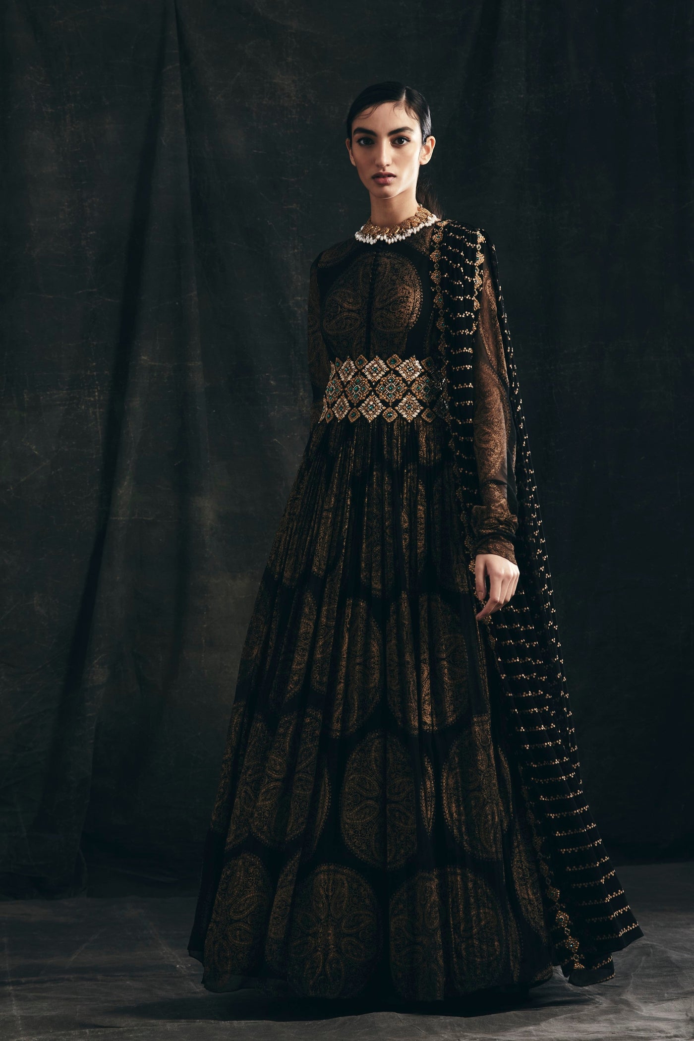 Black Ambi Circle Print Belted Anarkali