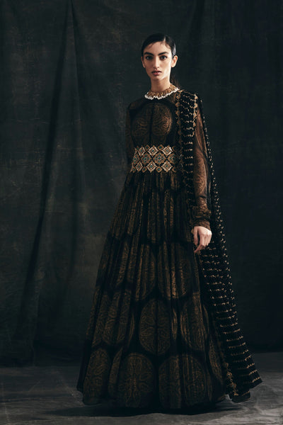 Black Ambi Circle Print Belted Anarkali