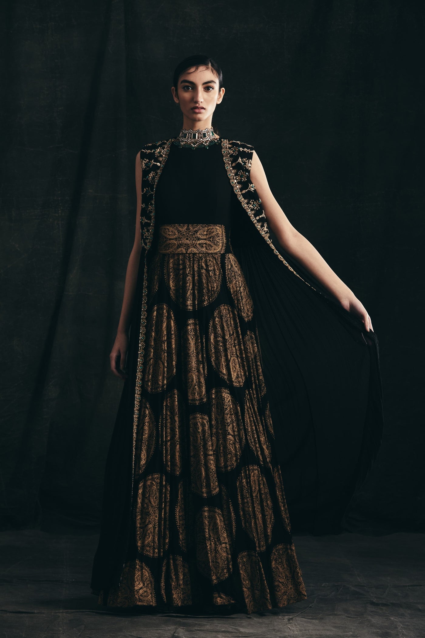 Black Ambi Circle Print Anarkali & Cape