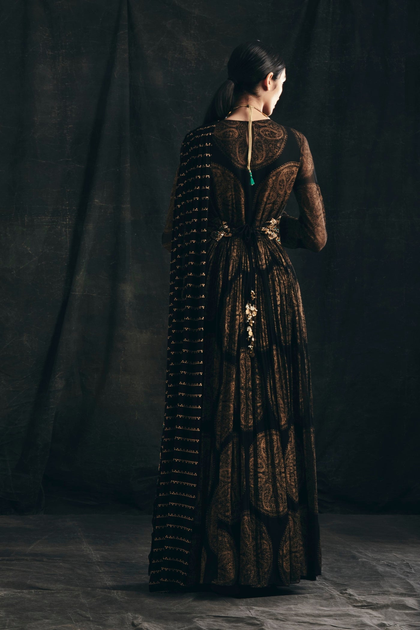 Black Ambi Circle Print Belted Anarkali
