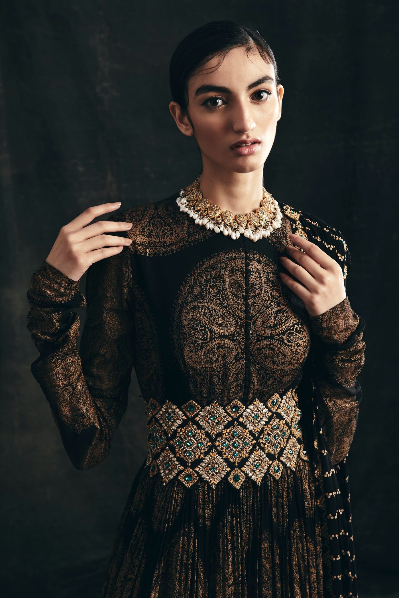 Black Ambi Circle Print Belted Anarkali