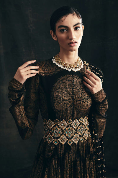 Black Ambi Circle Print Belted Anarkali
