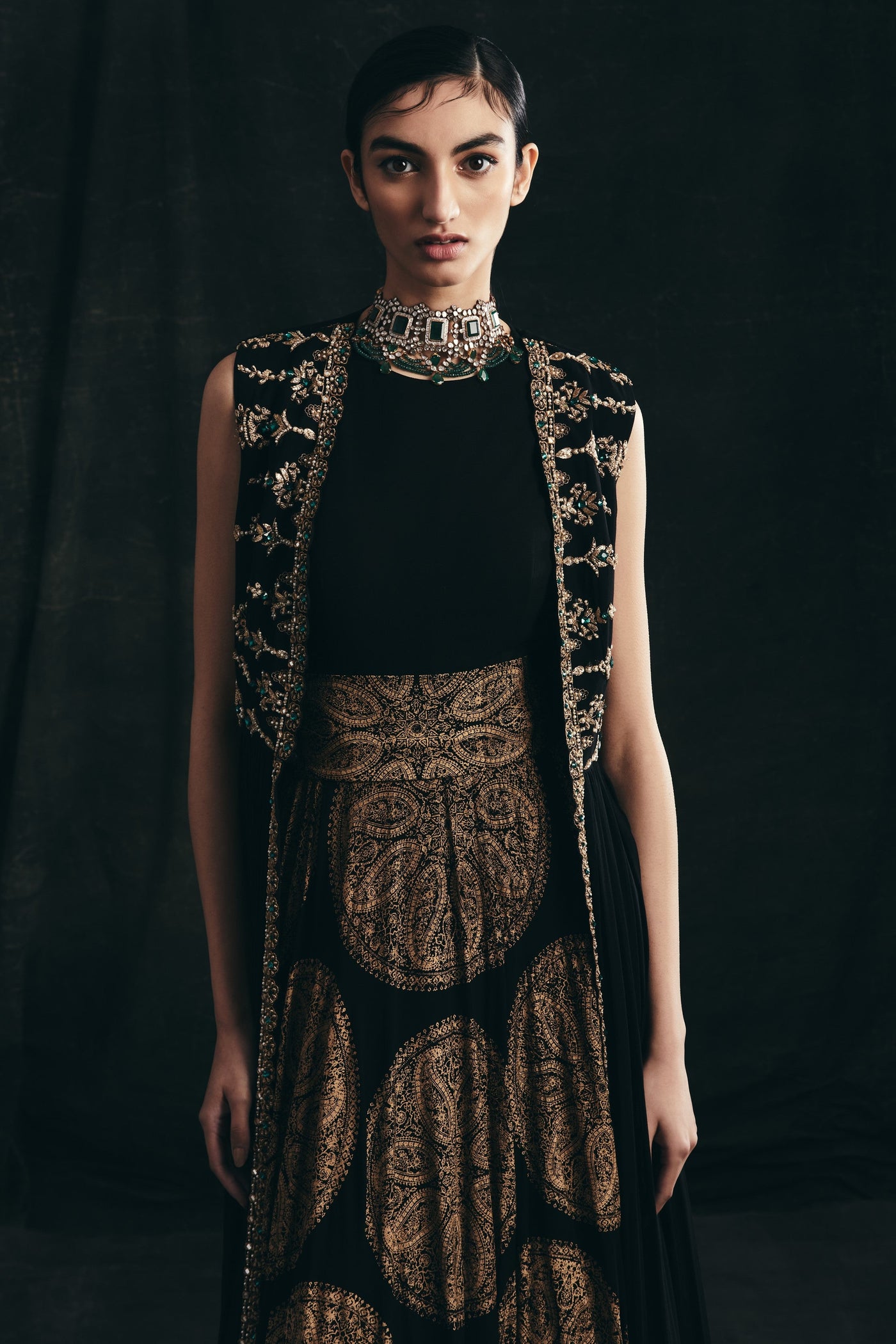 Black Ambi Circle Print Anarkali & Cape