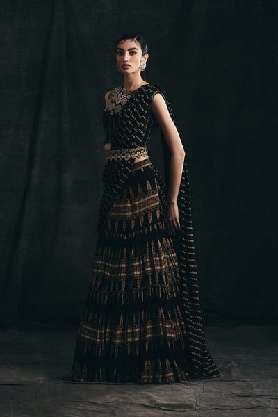 Black Persian Print Belted Saree